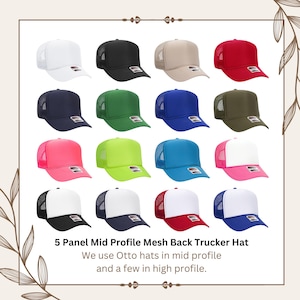 May include: A collection of 18 trucker hats in various colors, including white, black, beige, red, navy blue, green, light blue, dark green, pink, lime green, turquoise, and two-tone color combinations. The hats have a mesh back and a 5-panel mid profile.