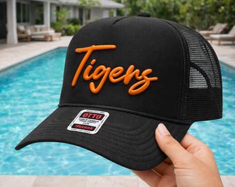 Tigers Custom Trucker Hat, Puff Embossed Print, Glitter puff hat, Custom Baseball Hat, Team Hat, Football Mom Hat, Mascot Hat