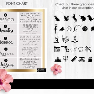May include: A chart with five different font styles for the name Jessica. The chart also includes a variety of black and white icons, including animals, sports, music, and more.