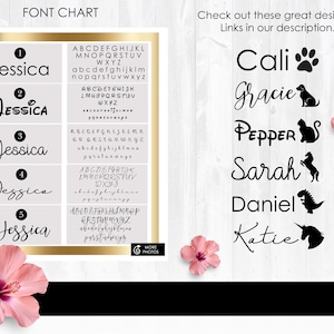 May include: A chart showing five different font styles for the name "Jessica" with a sample alphabet for each style. The chart is on a white background with a gold border. Below the chart, there are several designs for pet names with icons, including a paw print, a dog, a cat, a horse, a dinosaur, and a unicorn.