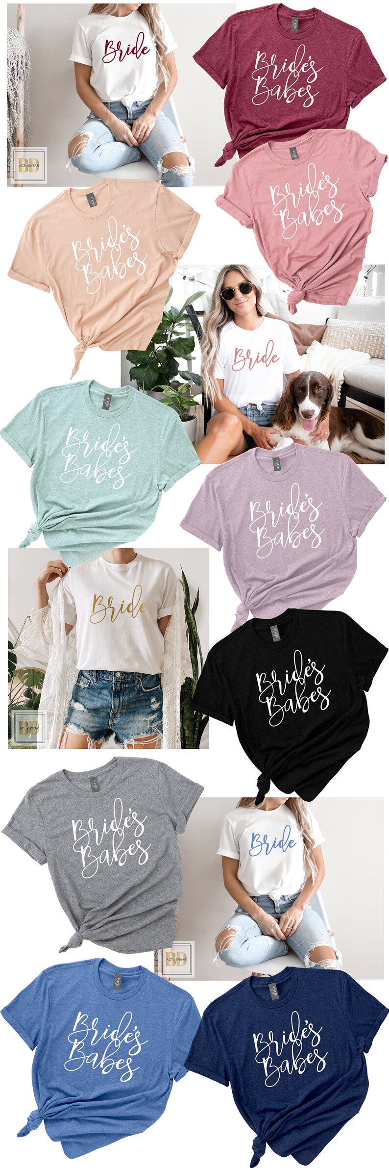 Op de afbeelding: Een verzameling van tien T-shirts in verschillende kleuren, met de tekst "Bride" en "Bride's Babes". De shirts worden getoond op modellen die jeans en casual kleding dragen.