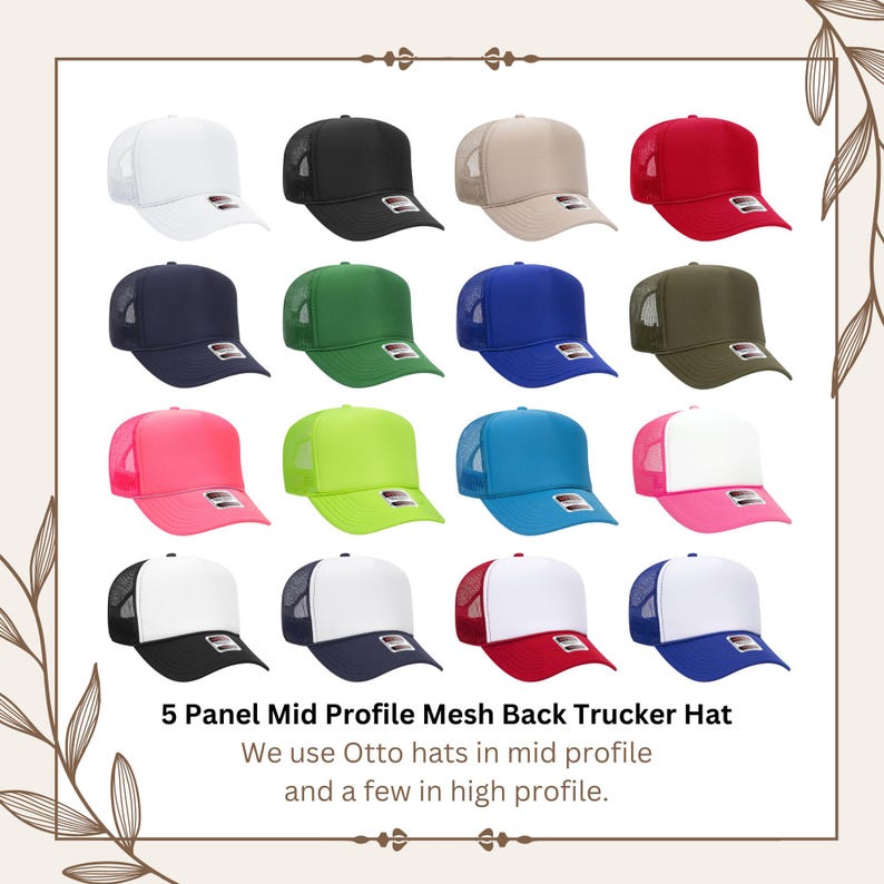 以下が含まれることがあります： 白、黒、ベージュ、赤、紺、緑、水色、深緑、ピンク、ライムグリーン、ターコイズ、2色使いなど、さまざまな色の18種類のトラッカーハットのコレクション。帽子はメッシュバックと5パネルのミッドプロファイルです。