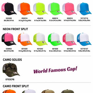 May include: A product catalog image for BD Activewear featuring various trucker hats in neon colorways, neon front split designs, camo solids, and camo front split styles. Each hat is labeled with a specific style code and color description.