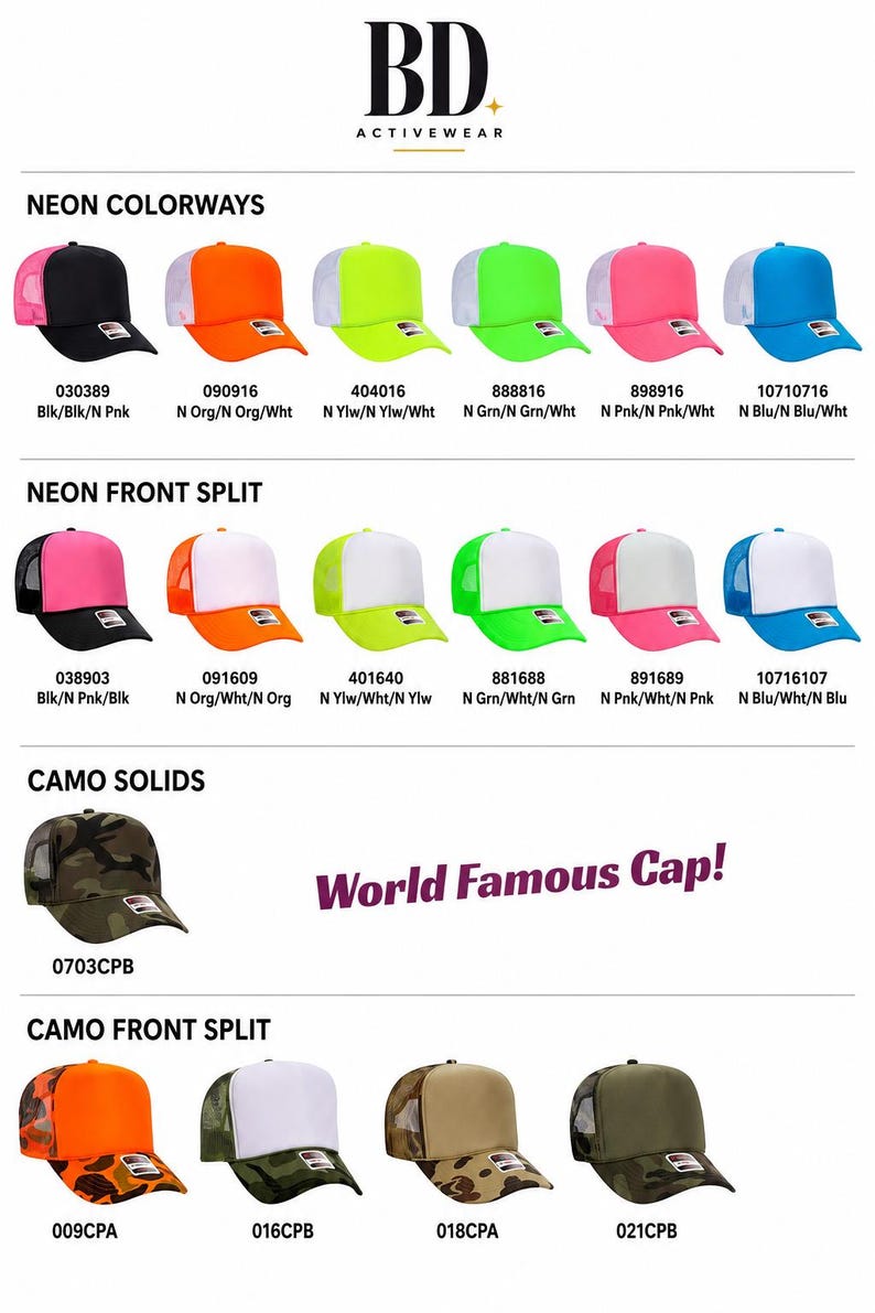 May include: A product catalog image for BD Activewear featuring various trucker hats in neon colorways, neon front split designs, camo solids, and camo front split styles. Each hat is labeled with a specific style code and color description.