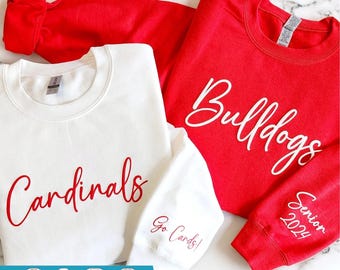 Custom Embossed School Mascot Sweatshirt, Puff Team Name Sweater with Personalized Sleeve, School Spirit Shirt, Cheer, Football Mom