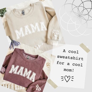 Mama Keepsake Sweatshirt with Puff Lettering, Personalized Kid Names on Sleeve, Mama Sweater, New Mom Gift, Maroon image 1