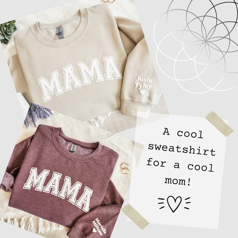 Mama Keepsake Sweatshirt with Puff Lettering, Personalized Kid Names on Sleeve, Mama Sweater, New Mom Gift, Maroon image 1