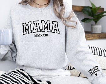 Personalized Embossed Mama Est Sweatshirt, Custom Cool Mom Sweater with Kids Name on Sleeve, Roman Numeral Year, Minimalist Mom Shirt