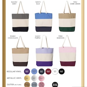 May include: Six tote bags with three horizontal stripes in different color combinations. The bags are made of canvas and have a natural white middle stripe. The top stripe colors are black/grey, navy/blue, tan/dark green, khaki/chocolate, lilac/purple, and pink/maroon. The bottom stripe colors are black, navy, dark green, brown, purple, and maroon. The bags are available in regular vinyl, metallic vinyl, and glitter.