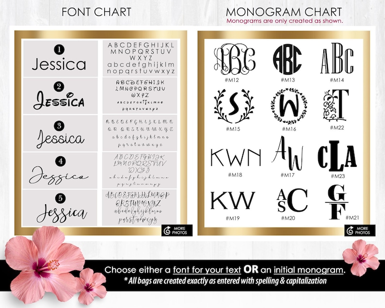 K&ouml;nnte beinhalten: Ein Diagramm, das f&uuml;nf verschiedene Schriftstile f&uuml;r den Namen Jessica zeigt, und ein Diagramm, das neun verschiedene Monogrammstile zeigt. Die Monogrammstile umfassen Initialen in einem Kreis, Initialen mit einem Kranz und Initialen mit einem dekorativen Rand. Der Text unter den Diagrammen lautet "W&auml;hlen Sie entweder eine Schriftart f&uuml;r Ihren Text ODER ein Initialmonogramm." und "* Alle Taschen werden genau so erstellt, wie sie mit Rechtschreibung und Gro&szlig;schreibung eingegeben wurden"