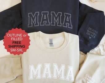 Mama Sweatshirt with Puff Lettering, Personalized Kid Names on Sleeve, Mama Sweater, Gift for Her, Gift for New Mom