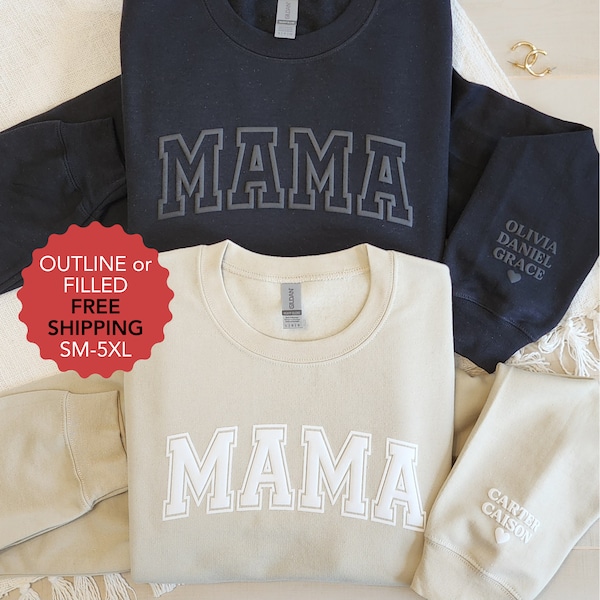 Mama Sweatshirt with Puff Lettering, Personalized Kid Names on Sleeve, Mama Sweater, Gift for Her, Gift for New Mom