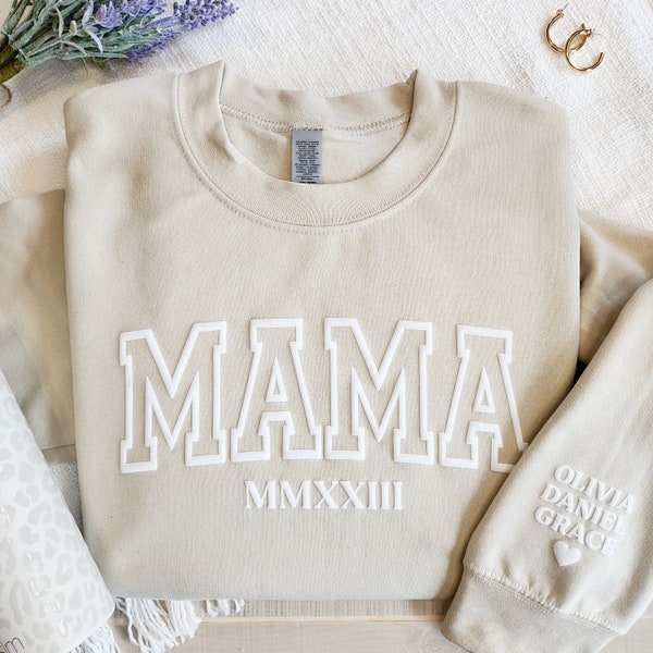 Personalized Mama Sweatshirt with Kid Names on Sleeve, Mothers Day Gift, Birthday Gift for Mom, Minimalist Cool Mom Sweater, New Mom Est