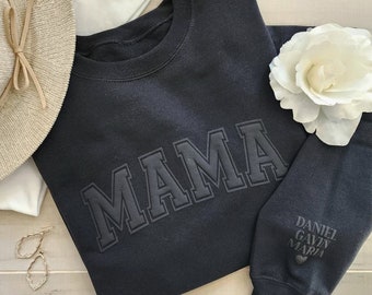 Mama Keepsake Sweatshirt with Puff Embossed Lettering and Personalized Kid Names on Sleeve