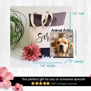 May include: A personalized tote bag with the name "Sar" printed on it. The bag is 14 inches wide, 15 inches tall, and 3 inches deep. It is shown with a magazine for size perspective.