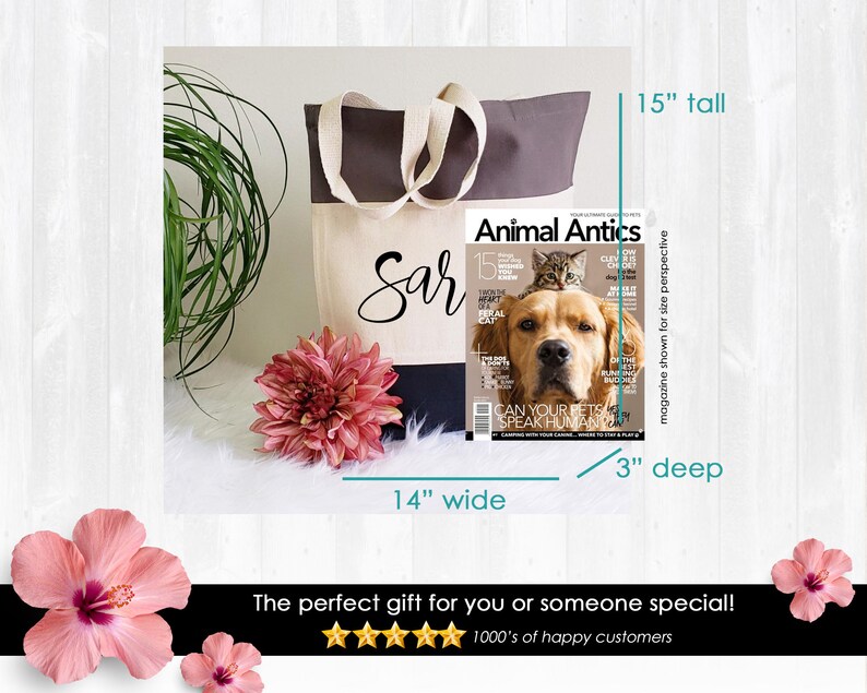 May include: A personalized tote bag with the name "Sar" printed on it. The bag is 14 inches wide, 15 inches tall, and 3 inches deep. It is shown with a magazine for size perspective.