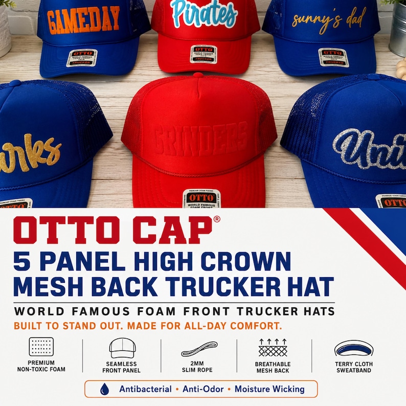 May include: A collection of five-panel high crown mesh back trucker hats by Otto Cap in various colors including blue and red. The hats feature foam fronts with embroidered text such as GAMEDAY, Pirates, sunny's dad, and GRINDERS. Each hat has a structured front panel, a mesh back, and a slim rope detail across the base of the crown.