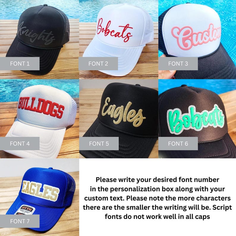 May include: Seven different trucker hats with various fonts and colors. The hats are displayed on a wooden surface with a pool in the background. The text on the hats includes "Knights", "Bobcats", "Custom", "Bulldogs", "Eagles", "Bobcats", and "Eagles".