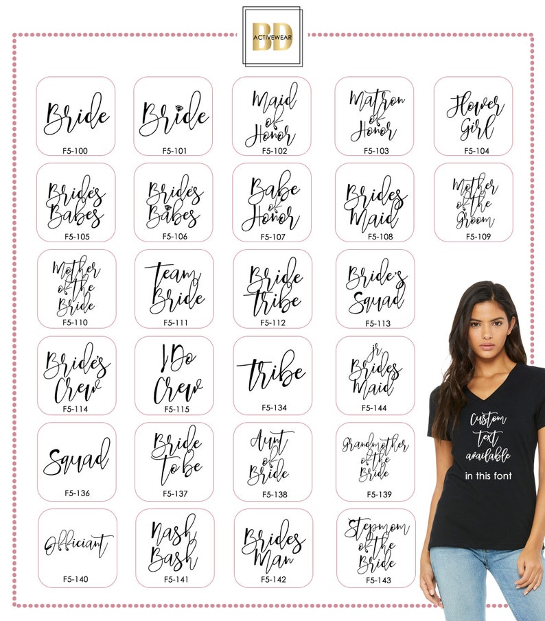 Op de afbeelding: Een raster van 16 witte vierkanten met zwarte tekst op elk vierkant. De tekst bevat zinnen als "Bride", "Brides Babes", "Maid of Honor", "Bride Tribe", "Brides Squad", "Bride to Be", "Brides Man" en "Step Mom of the Bride". Elk vierkant heeft een productcode onder de tekst. De vierkanten zijn gerangschikt in een 4x4-raster.