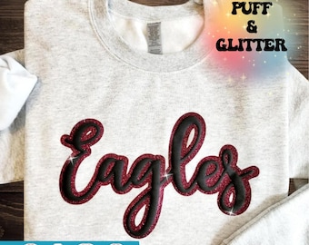 Custom Puff Team Name Sweater, Script Glitter Team Name Sweater, Embossed School Mascot Sweatshirt, School Spirit Shirt, Cheer, Football Mom