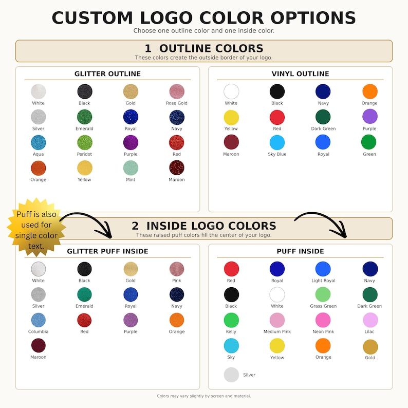 May include: A color chart titled CUSTOM LOGO COLOR OPTIONS displaying various choices for outline and inside logo colors. Sections include Glitter Outline, Vinyl Outline, Glitter Puff Inside, and Puff Inside with labeled color swatches.