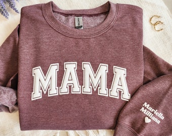 Mama Keepsake Sweatshirt with Puff Lettering, Personalized Kid Names on Sleeve, Mama Sweater, New Mom Gift, Maroon