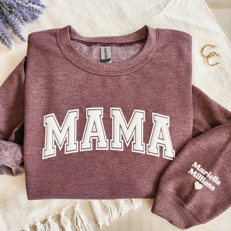 Mama Keepsake Sweatshirt with Puff Lettering, Personalized Kid Names on Sleeve, Mama Sweater, New Mom Gift, Maroon image 2
