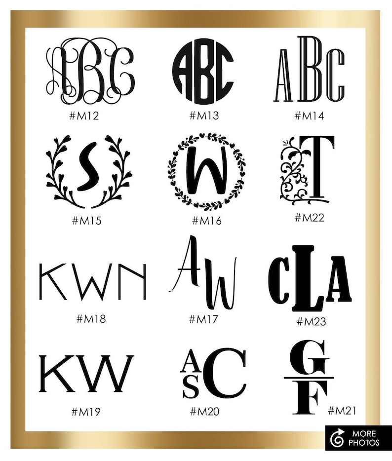 May include: A sheet of paper with 10 different monogram designs in black. The designs include letters in various fonts and styles, including a wreath, a script font, and a block font. The designs are numbered M12 through M23.