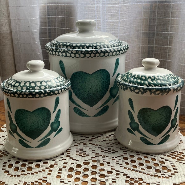 Set Of 3 Ceramic Canisters Green Heart Spongeware