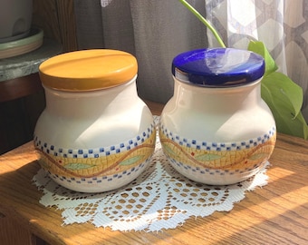 Set Of 2 Ceramic Canisters Blue Checkerboard Vine Leaves Blue Yellow Lids