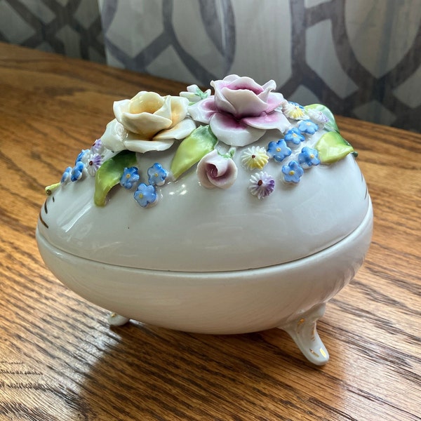 Porcelain Footed Egg Trinket Dish Roses On Lid