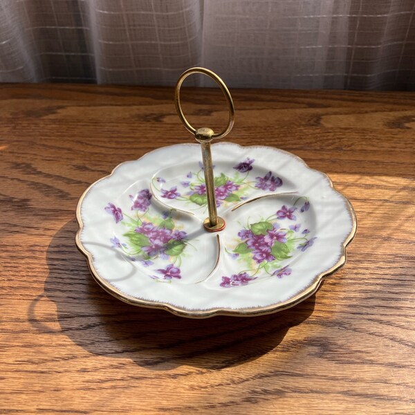 Lefton China 6" Tidbit Plate Center Handle Purple Violets