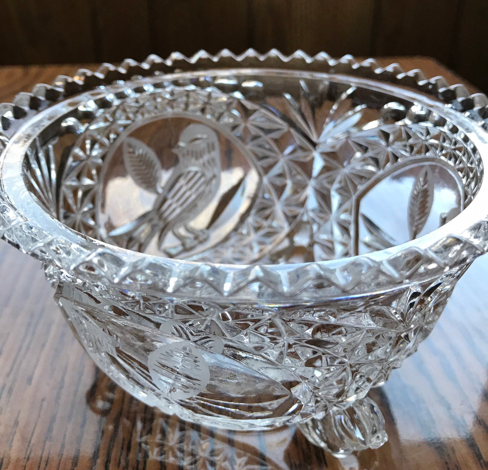 Lead Crystal Candy Dish Footed Three Birds No Lid Etsy