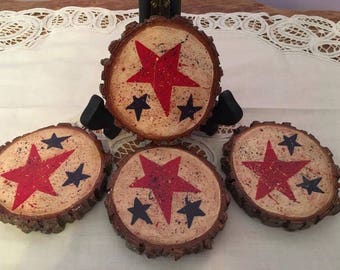 Set of 4 Red, White and Blue Americana Wood Slice Coasters