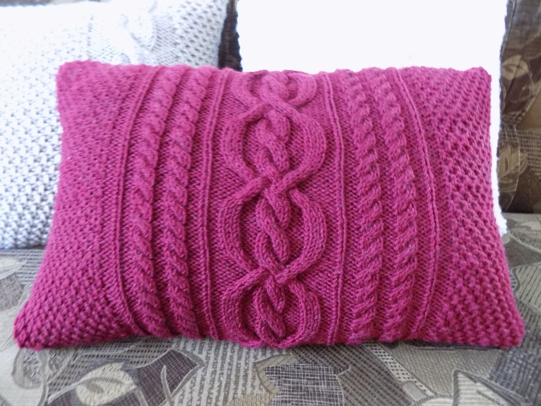 Burgundy Cable Hand Knit Pillow Cover, Knit Pillow Sham, Pillow Cover With Buttons Etsy