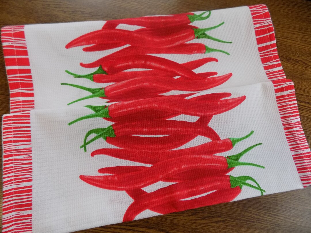 Red Chili Pepper Waffle Towel, Kitchen Towel With Loop, Cotton Tea