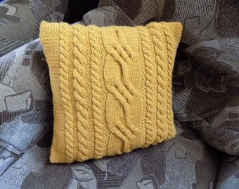 Mustard cable pillow cover 16 x 16, Hand knit pillow case