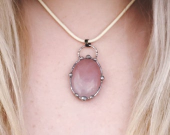 ROSE QUARTZ SOLDER Pendant Necklace with Studs | Crystal Metal Lead-Free Solder Jewelry | Handmade