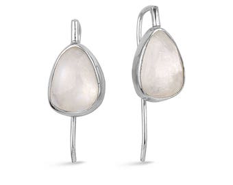 Silver Flat Rainbow Moonstone  Earrings Gift For Her