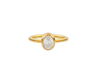 Silver Cubic Zirconia Solitaire Ring Matte  Gold Plated Gift For Her