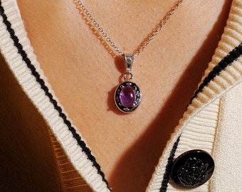 Amethyst rhodium plated vintage inspired pendant , sterling silver, rose gold and gold plated avaliable
