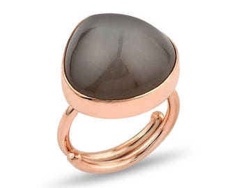 Large Moonstone Silver Adjustable  Ring Rose Gold Plated -Dark Grey  La Luna Collection Gift For Her