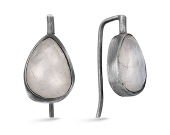 Oxidized Silver Flat Rainbow Moonstone  Earrings Gift For Her