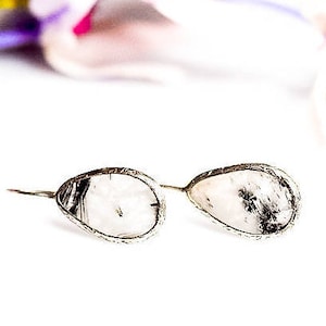 Silver Rutilated  Black Quartz , Quartz  Earrings, Silver Earrings ,Raw Gemstone,Black Rutilated Quartz Earrings,Gift For Her