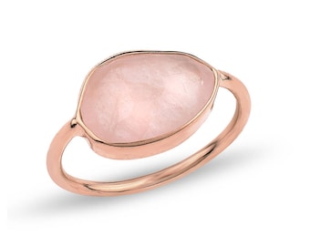 Silver Flat Rose Quartz  Rose Gold Ring Gift For Her