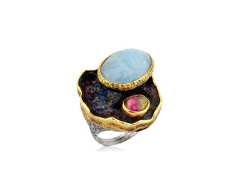 Handmade Aquamarine Ring, Watermelon Tourmaline ring, Azurite ring , Statement Ring, Big Ring, Gift For Her