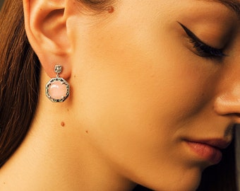 Rose quartz rhodium vintage inspired silver earring , rose gold and micron gold plated silver avaliable