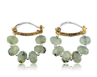 Sterling Silver Prehnite Hoop Earrings - Hammered Collection Gift For Her