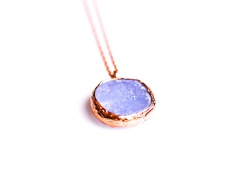 Silver Druzy Blue Chalcedony Pendant In Rose Gold