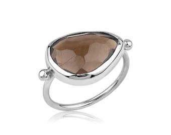 Silver Smoky Quartz Ring, Rhodium Quartz Ring, Natural Smoky Quartz Ring, Statement Ring, Simple Quartz Ring,  Gift For Her